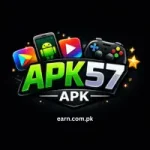 Apk57 APK logo with dark background and app/game icons